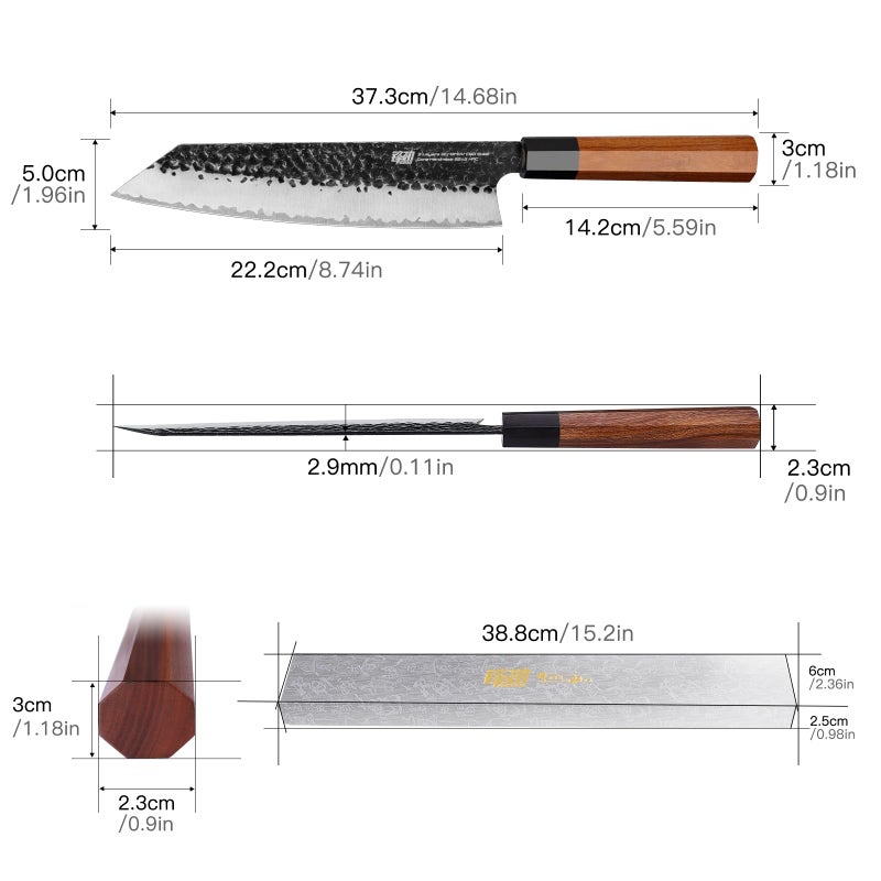 FINDKING Dynasty Series Japanese Kiritsuke Knife, Multi-Purpose Gyuto Chef knife, 9Cr18MoV High Carbon Steel Blade, African Rosewood Octagonal Handle, for Meat, Fruits, Vegetables,9 Inches - Image 4